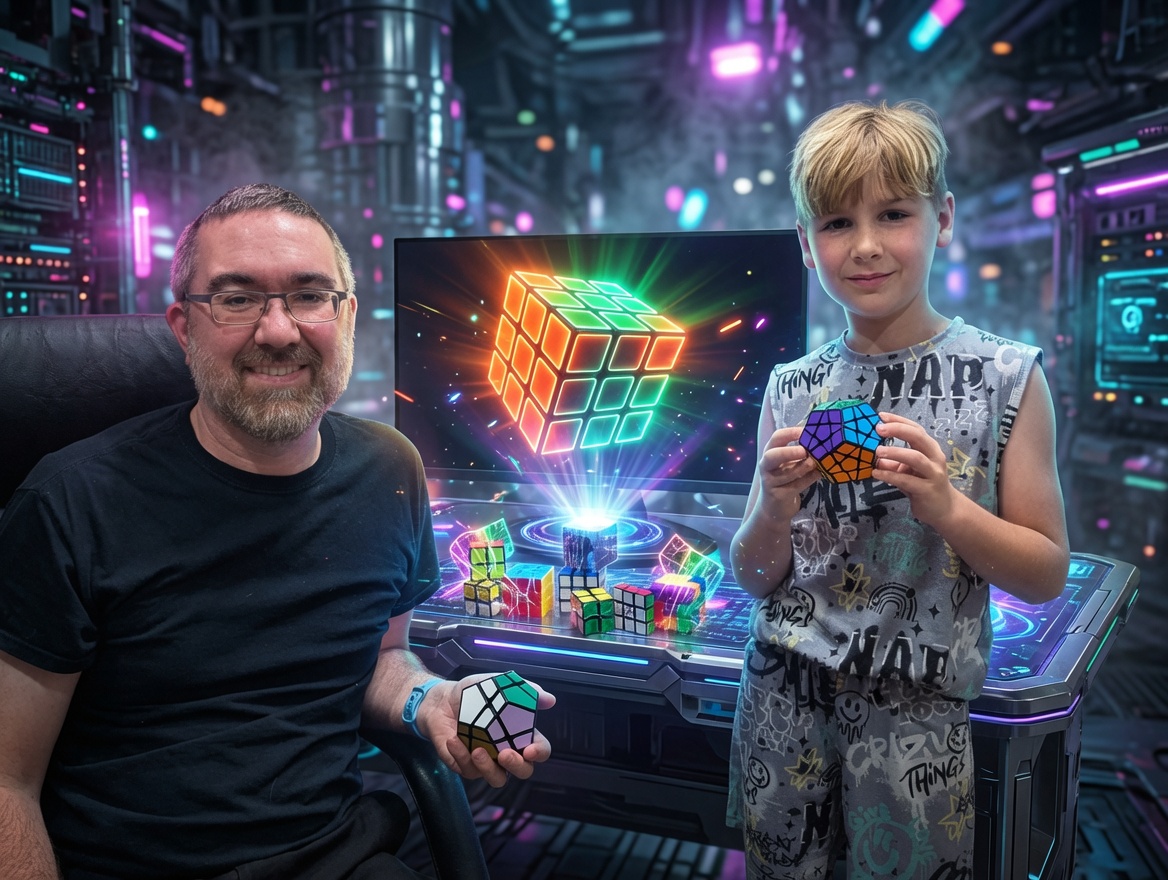 Kipton and his dad with their cube collection