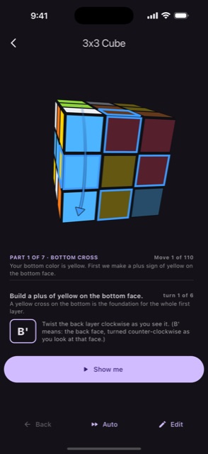 Step-by-step solving with an arrow showing the next move